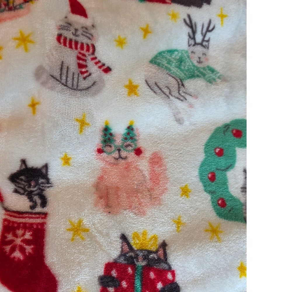 Holiday Christmas Cat Plush Fleece Throw Blanket Festive Feline Print White70x54 - Picture 2 of 4